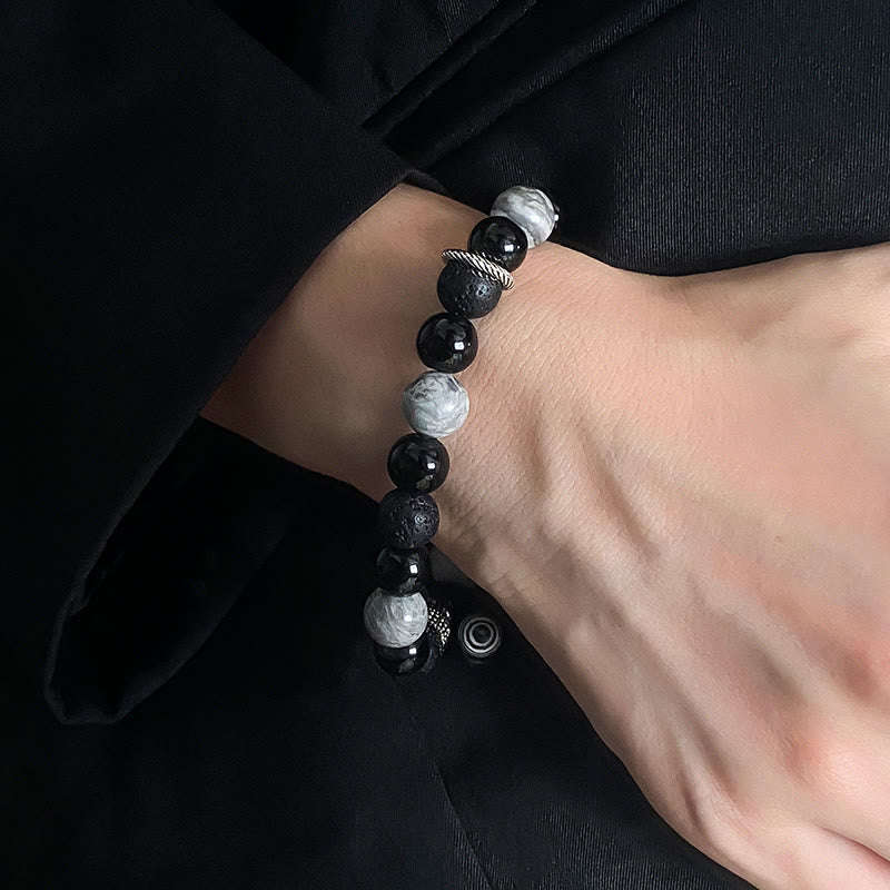 Buddha Stones Vintage Lava Rock Black Obsidian Picasso Jasper Beads Support Rope Bracelet Bracelet BS 4
