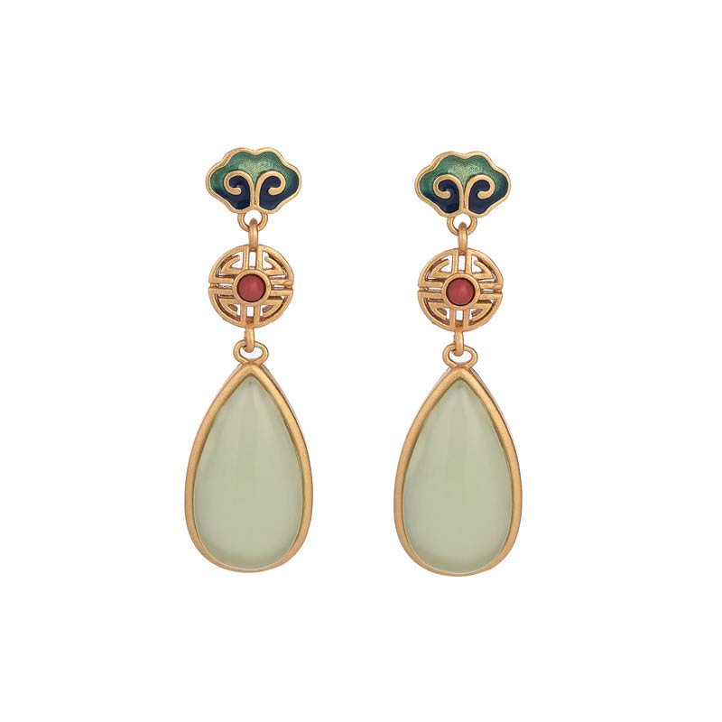 Buddha Stones FengShui Jade Double Happiness Fortune Earrings Earrings BS 4