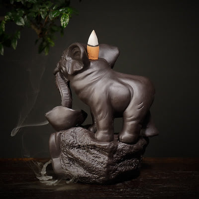 Buddha Stones Tibetan Elephant Purple Clay Backflow Smoke Fountain Peace Healing Incense Burner Decoration Incense Burner BS 5