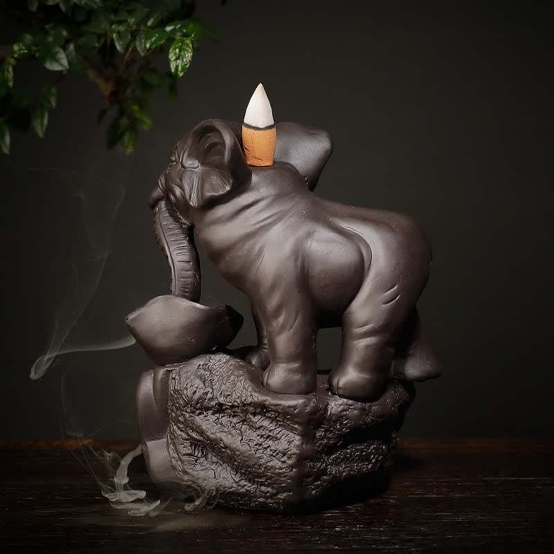 Buddha Stones Tibetan Elephant Purple Clay Backflow Smoke Fountain Peace Healing Incense Burner Decoration Incense Burner BS 5