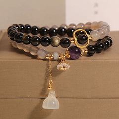 Buddha Stones Gold Sheen Obsidian Gray Agate Lotus Charm Strengthen Double Wrap Bracelet Bracelet BS Gold Sheen Obsidian Gray Agate(Wrist Circumference 14-15cm)