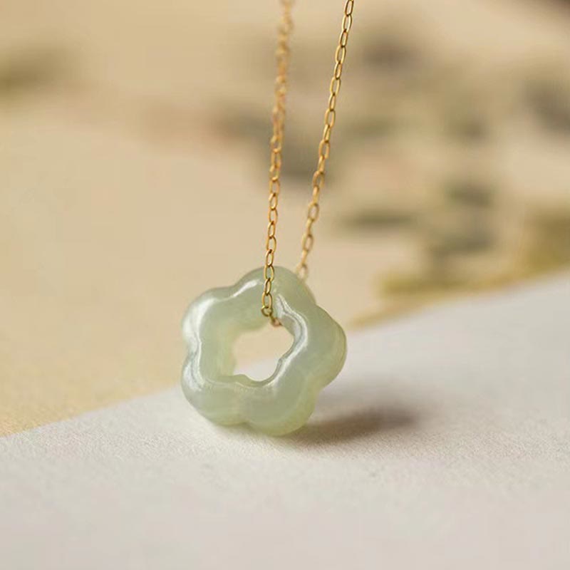 Buddha Stones Dainty Hetian Jade Cyan Jade Luck Floral Charm Necklace Pendant Necklaces & Pendants BS Hetian Jade (Prosperity ♥ Abundance) 925 Sterling Silver