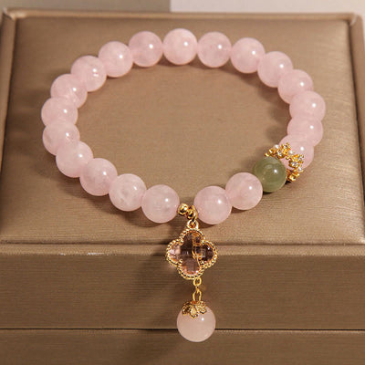 Buddha Stones Natural Pink Crystal Four Leaf Clover Soothing Bracelet Bracelet BS 3