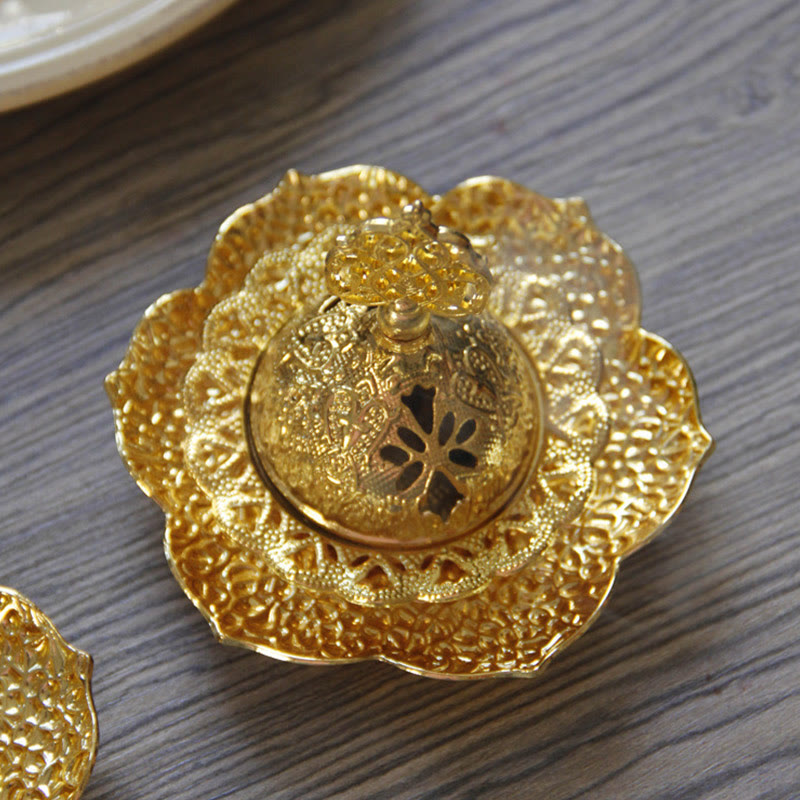 Buddha Stones Gold Leaf Coaster Spiritual Mini Alloy Metal Incense Burner Incense Burner BS 4