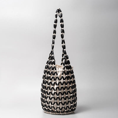 Buddha Stones Hand-woven Wooden Beads Bucket Shoulder Bag Handbag Handbags BS Black 16.5*16.5*36cm