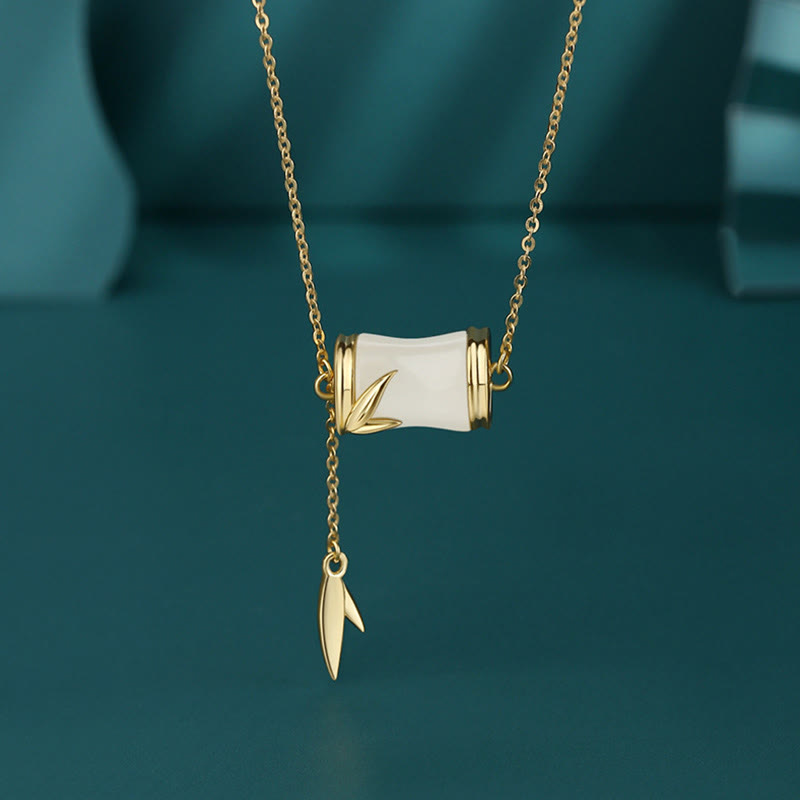 Buddha Stones 925 Sterling Silver 22K Gold Hetian White Jade Bamboo Leaf Luck Necklace Pendant Bracelet Bracelet Necklaces & Pendants BS 925 Sterling Silver 22K Gold Necklace