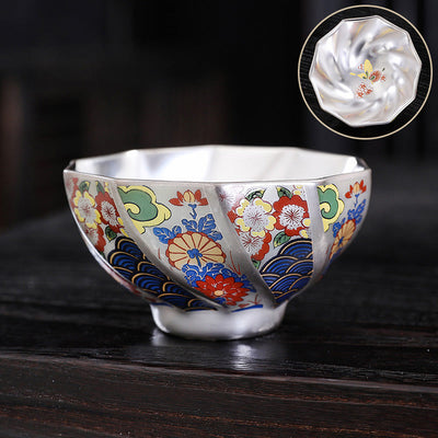 Buddha Stones 999 Sterling Silver Gilding Chrysanthemum Flowers Ceramic Teacup Kung Fu Tea Cup Cup BS Flowers 8.7cm*4.7cm*100ml