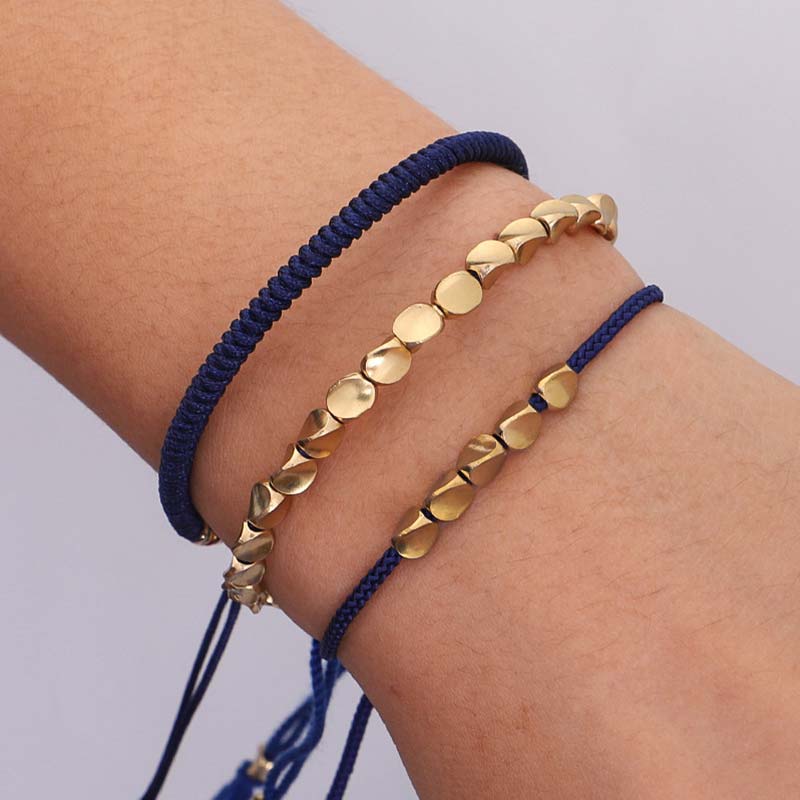 Buddha Stones 3 PCS Tibetan Copper Beads Healing Protection Luck Bracelet Set Bracelet BS 8