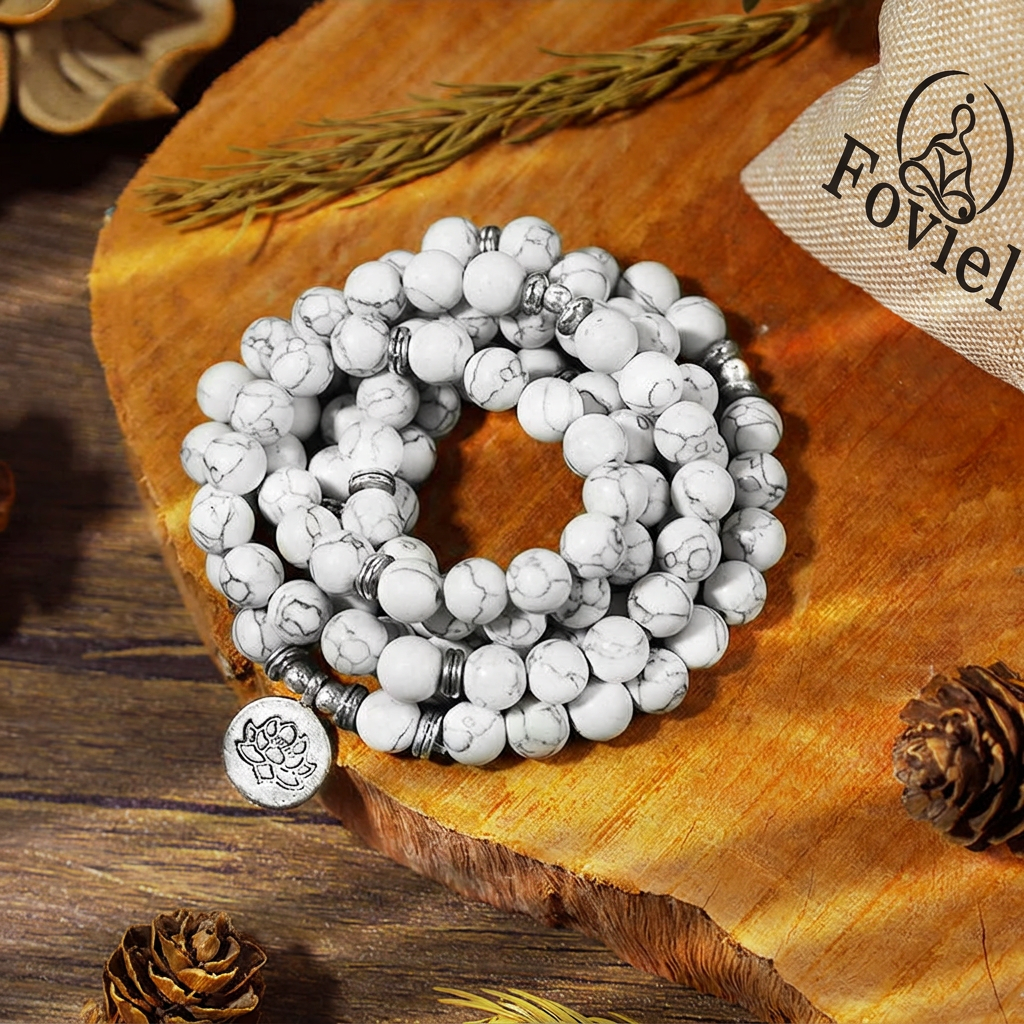 Foviel Weiß Türkis Lotus Mala spirituell Armband