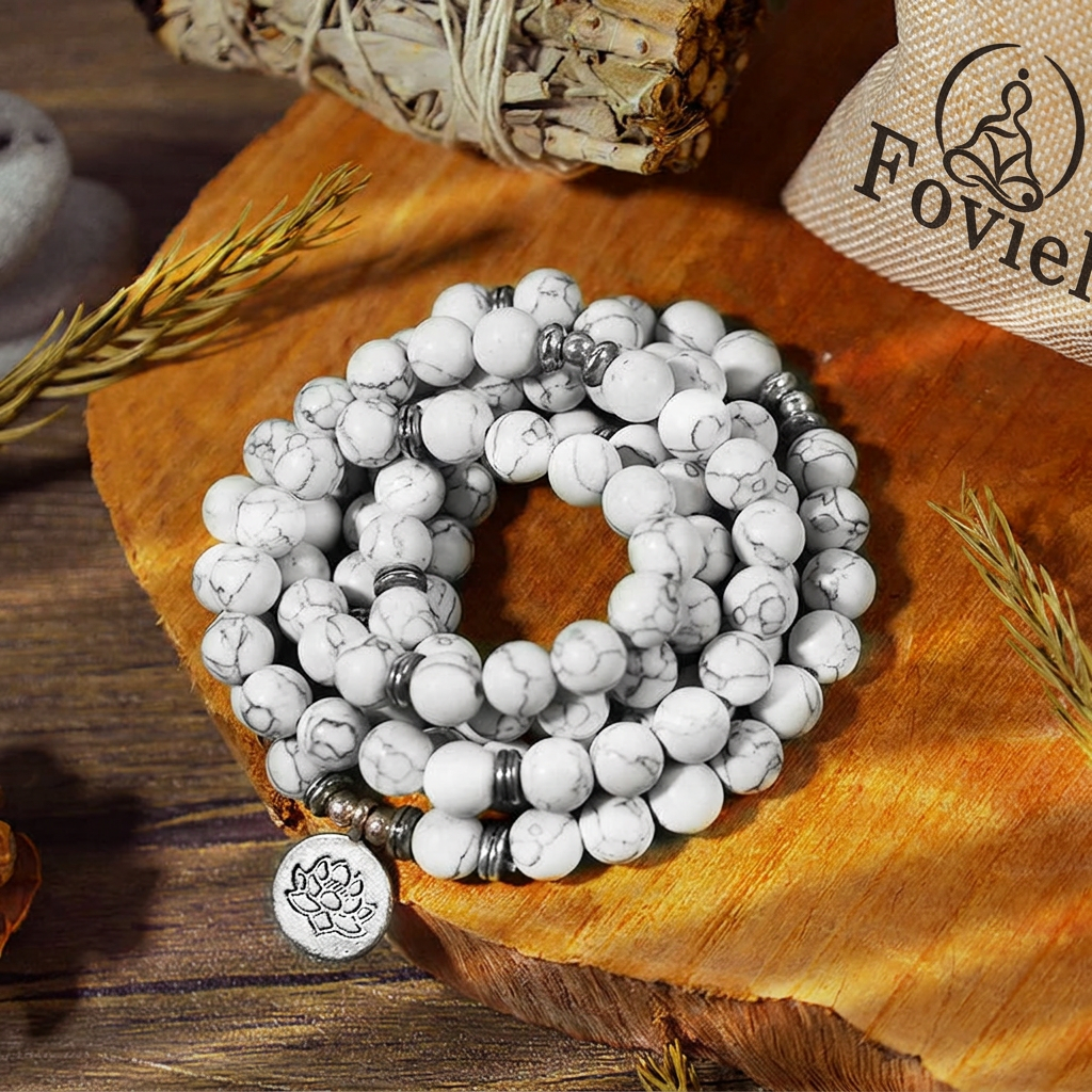 Foviel Weiß Türkis Lotus Mala spirituell Armband