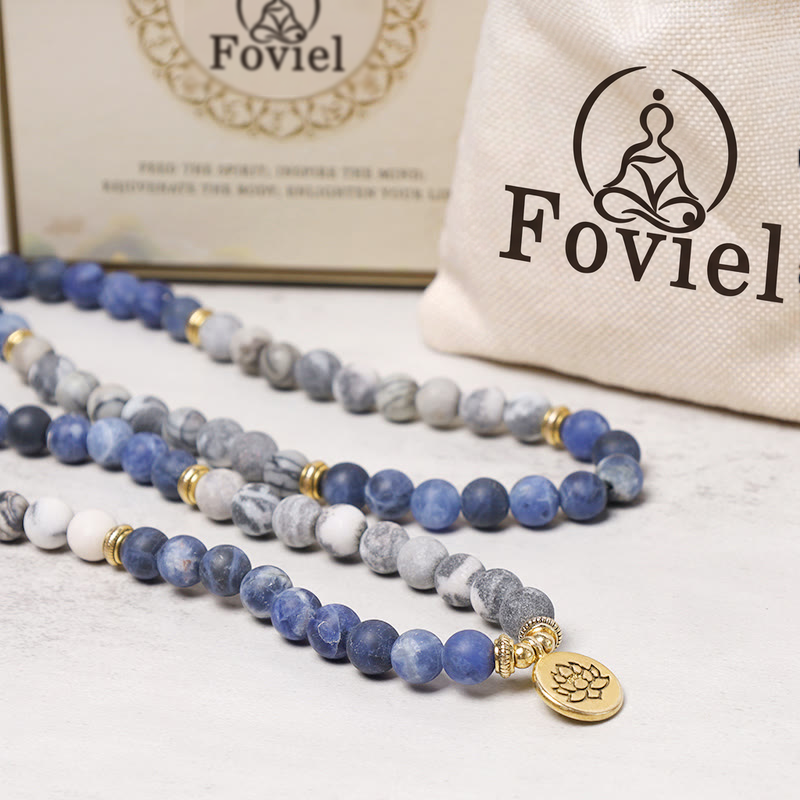 Buddha Stones 108 Natural Picasso Jasper & Blue Stone Mala Bead Lotus Pendant Bracelet Bracelet BS 4
