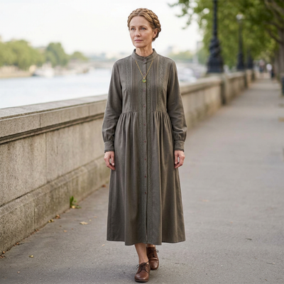Olive pleated-trim long-sleeve dress, styled outfit illustration 4.