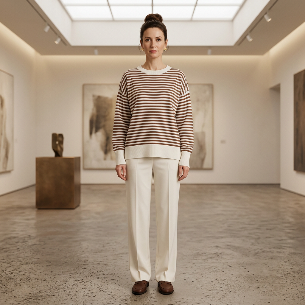 Sienna striped long-sleeve knit top, styled outfit illustration in a museum.