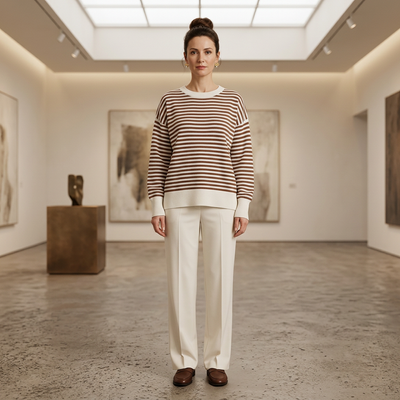 Sienna striped long-sleeve knit top, styled outfit illustration in a museum.