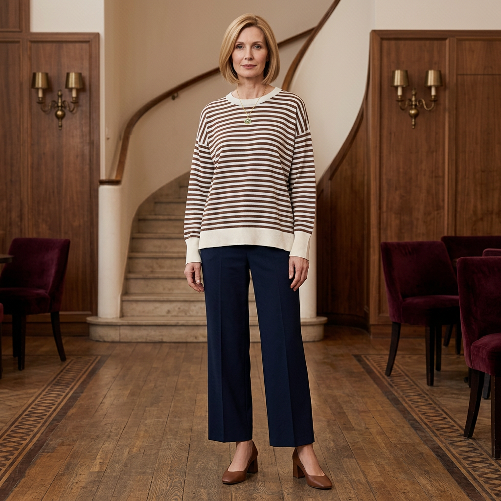 Sienna striped long-sleeve knit top, styled outfit illustration in a theatre lounge.