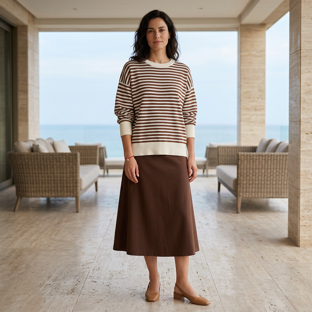 Sienna striped long-sleeve knit top, styled outfit illustration in a covered seaside terrace.