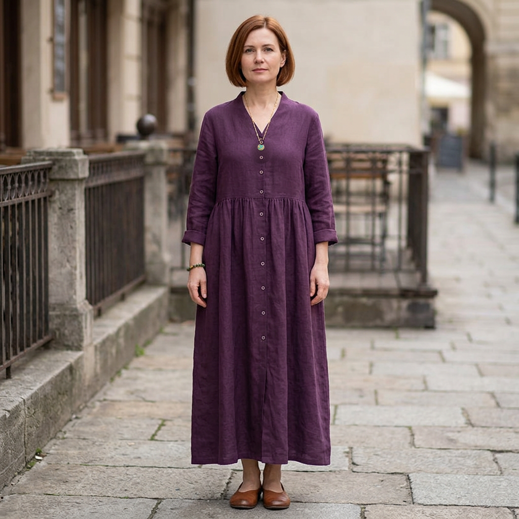 Purple button-up long-sleeve dress, styled outfit illustration 4.