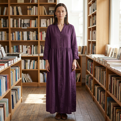 Purple button-up long-sleeve dress, styled outfit illustration 1.