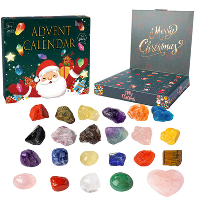 Green Santa Advent calendar shown closed and open with an example assortment of rough-style stones, tumbled pieces and heart shapes; one calendar box supplied