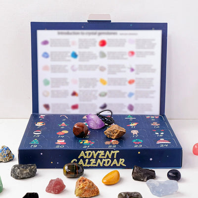 Blue Christmas guide calendar with mixed rough and tumbled stones; example assortment