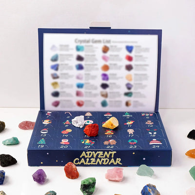 Blue Christmas guide calendar with rough-style stones; example assortment
