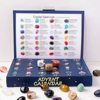 Blue Christmas guide calendar with tumbled stones; example assortment