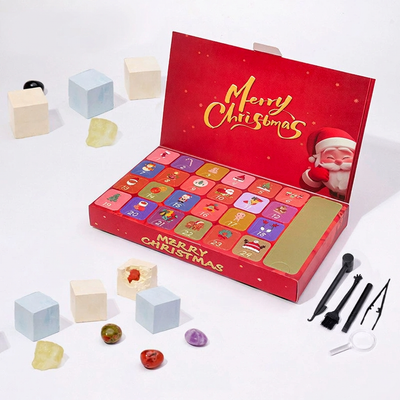 24-Day Gemstone Dig Advent Calendar — Red Christmas Box; example contents