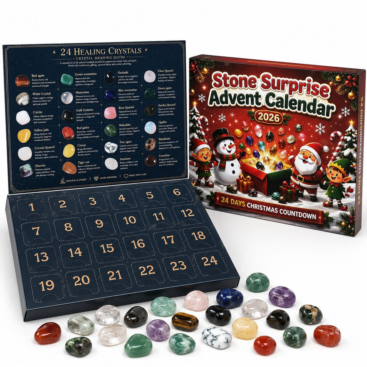 Christmas 2026 crystal-look resin Advent calendar; open and closed views of one box and an example assortment