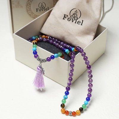 Foviel Healing Crystal Mala Prayer Beads 108 Meditation Healing Multilayer Bracelet Necklace