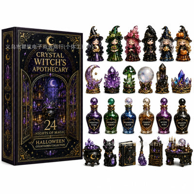 Crystal Witch's Apothecary — 24-piece PVC Halloween decorative set and gift box; supplier illustration, not to scale