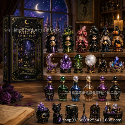 Crystal Witch's Apothecary Halloween decorative PVC figures and box in a styled display; supplier illustration, background props not included
