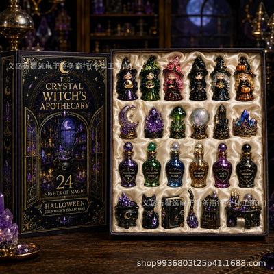 Crystal Witch's Apothecary PVC collectible figures arranged in the gift tray; supplier illustration, not to scale