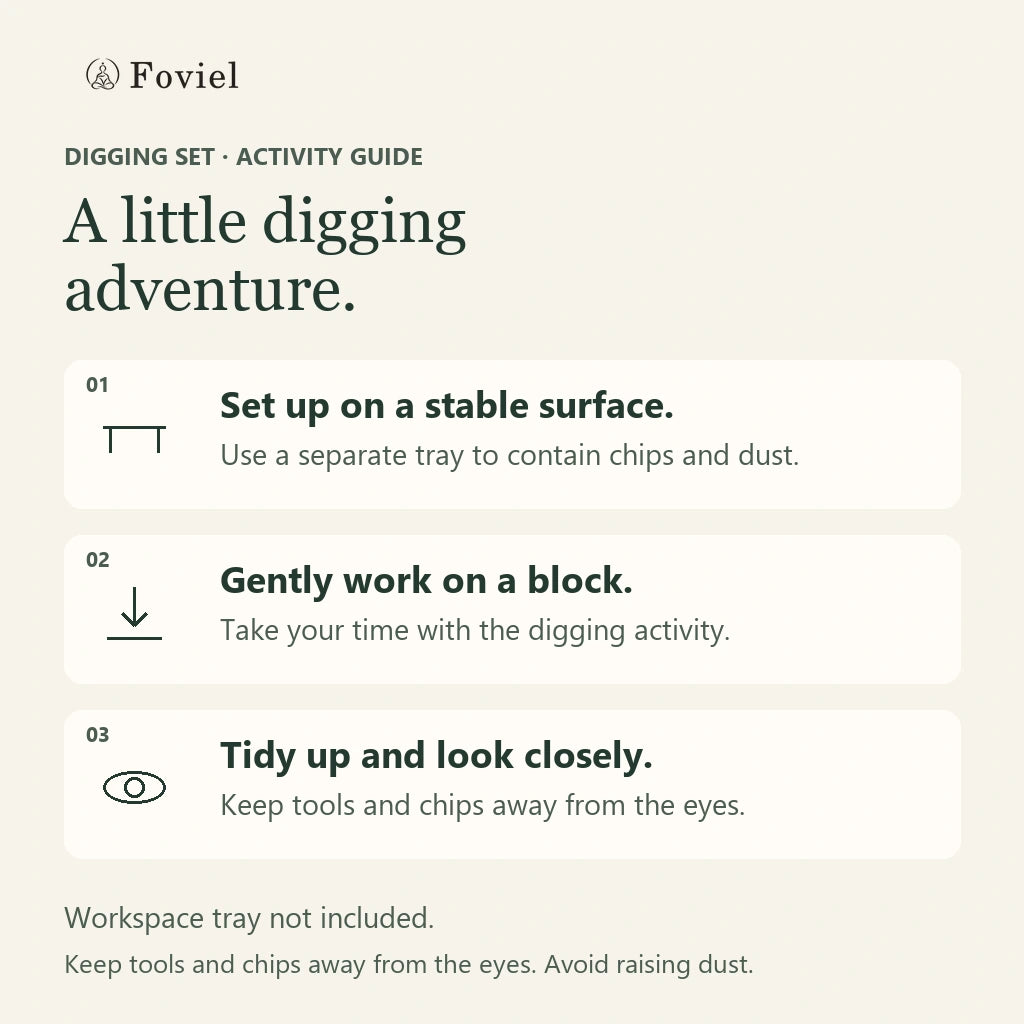 Original guide to the eight-block digging activity: use a stable workspace, gently work on a block and look closely at the discovery; a separate workspace tray is not included