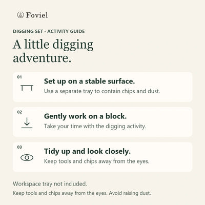 Original guide to the eight-block digging activity: use a stable workspace, gently work on a block and look closely at the discovery; a separate workspace tray is not included