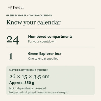 Green Explorer calendar reference card: 24 numbered compartments, one box, and supplier-listed box dimensions 26 by 15 by 3.5 centimetres; not independently measured