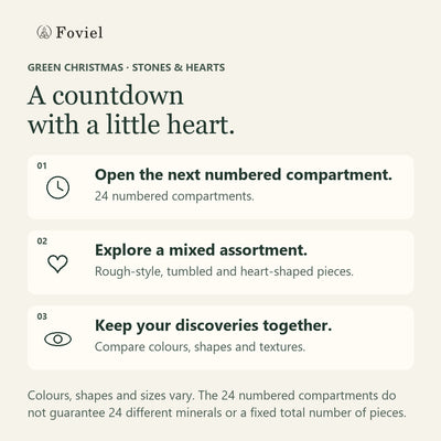 Original guide for the Green Christmas Mixed Stones and Hearts calendar: open a numbered compartment and explore rough-style, tumbled and heart-shaped pieces; 24 compartments do not guarantee 24 different minerals or a fixed piece count.