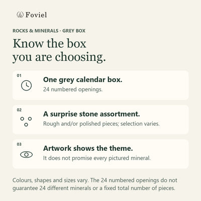 Original information guide for the grey Rocks and Minerals calendar: one box with 24 numbered openings, a variable rough and/or polished assortment, and printed artwork that is not a guaranteed mineral list.