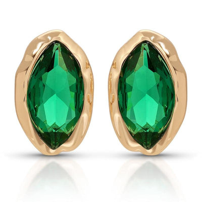 Pair of green marquise CZ studs in gold-tone settings on white.