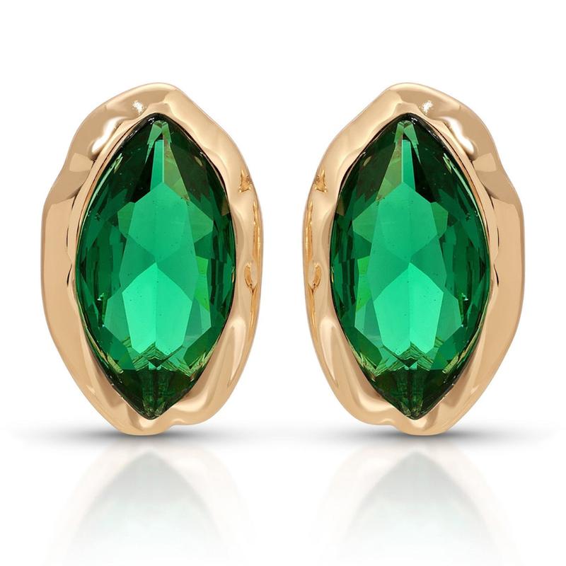 Pair of green marquise CZ studs in gold-tone settings on white.