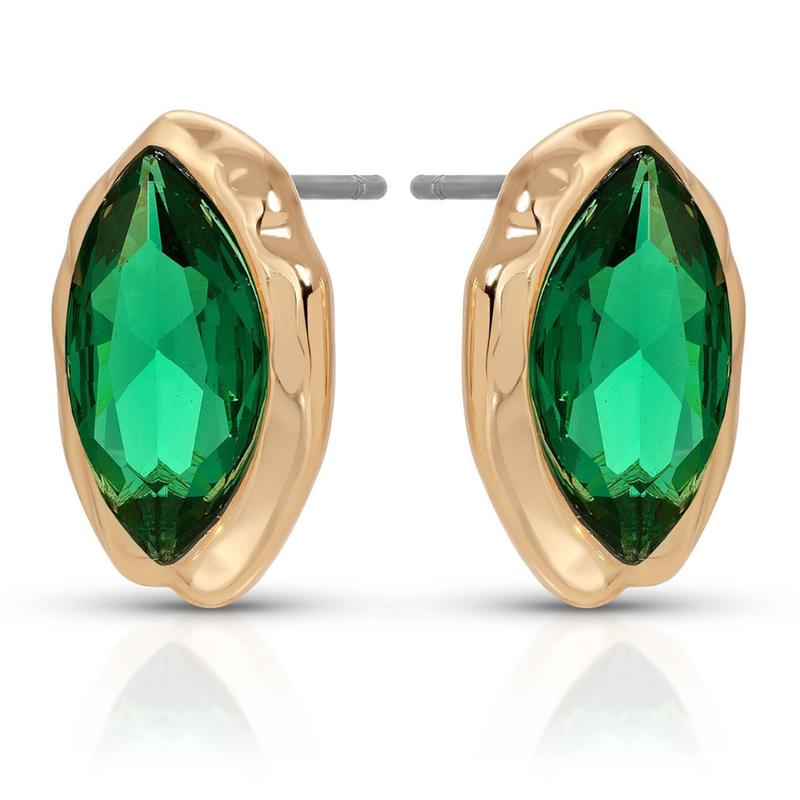 Green marquise CZ studs angled to show the gold-tone settings and straight silver-tone posts.
