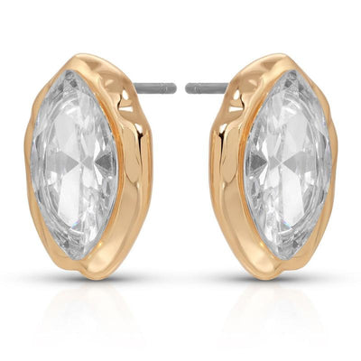 Angled clear marquise studs showing gold-tone setting sides and straight silver-tone posts.