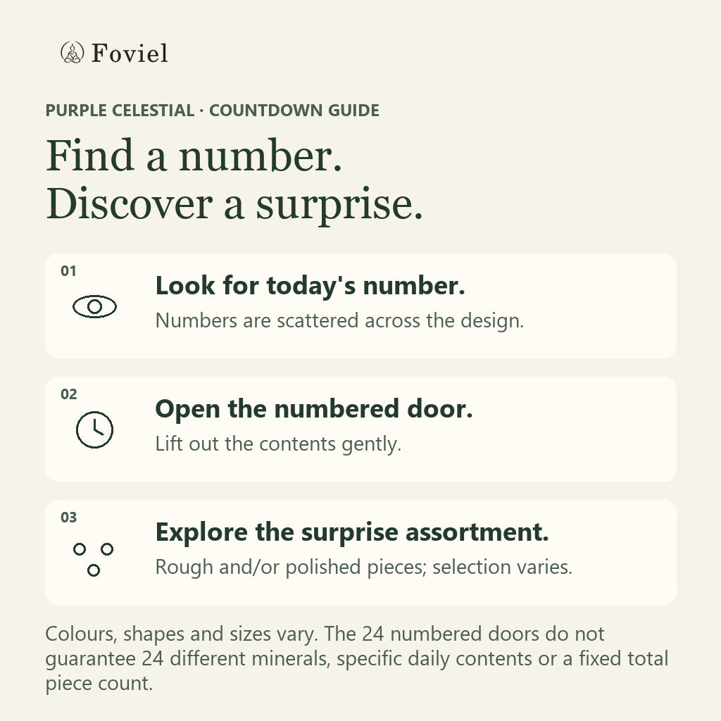 Original Purple Celestial countdown guide: find the daily number scattered across the design, open that door and lift out the contents gently; the rough and/or polished assortment varies.