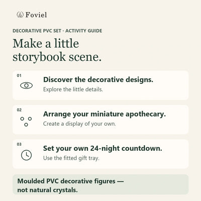 Original guide to arranging the Crystal Witch apothecary figures and using the fitted gift tray for your own 24-night countdown; moulded PVC decorative figures, not natural crystals