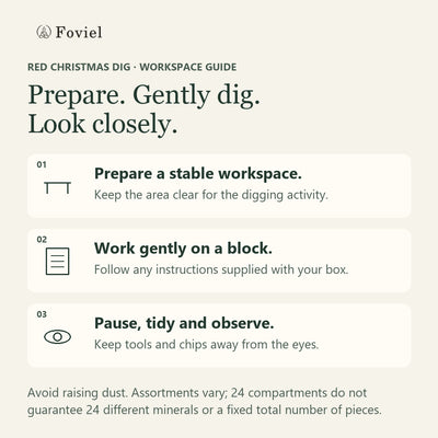 Original Red Christmas digging-calendar workspace guide: use a stable surface, work gently on a block following any supplied instructions, tidy up and look closely; avoid raising dust.