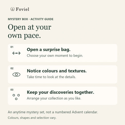 Original activity guide for the ten-bag stone mystery set: open a surprise bag, notice colours and textures, and keep discoveries together at your own pace