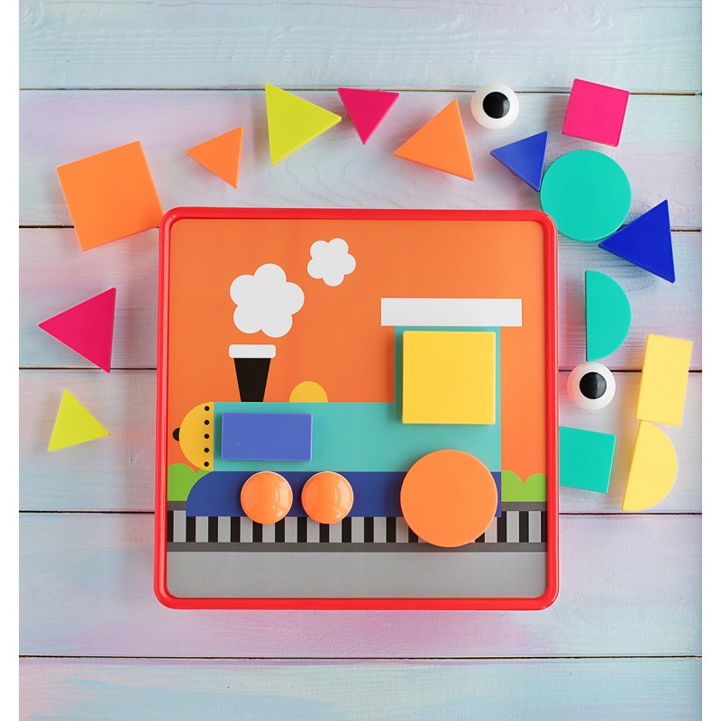 Fidtoy Geometric Button Puzzle with Storage Box, Plastic Shape and Color Matching Toy with 22 Geometric Buttons, 12 Picture Cards and 2 Fixing Clips Ages 3+