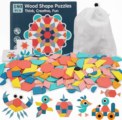 Fidtoy Wooden Tangram Puzzle Set with 180 Blocks and Cards