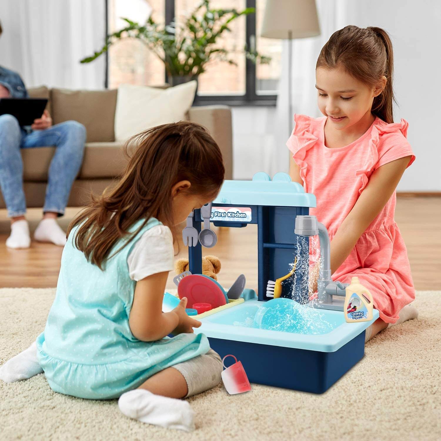 Fidtoy Play Kitchen Sink Toy with Faucet and Accessories for Kids
