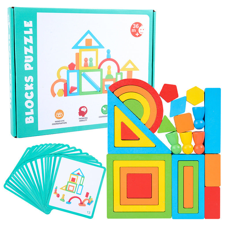 Wooden Rainbow Block Puzzle with Cards - Mathematics through imaginative play