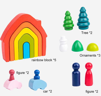 Jeu libre – Maison, arbres, personnages et voitures en bois